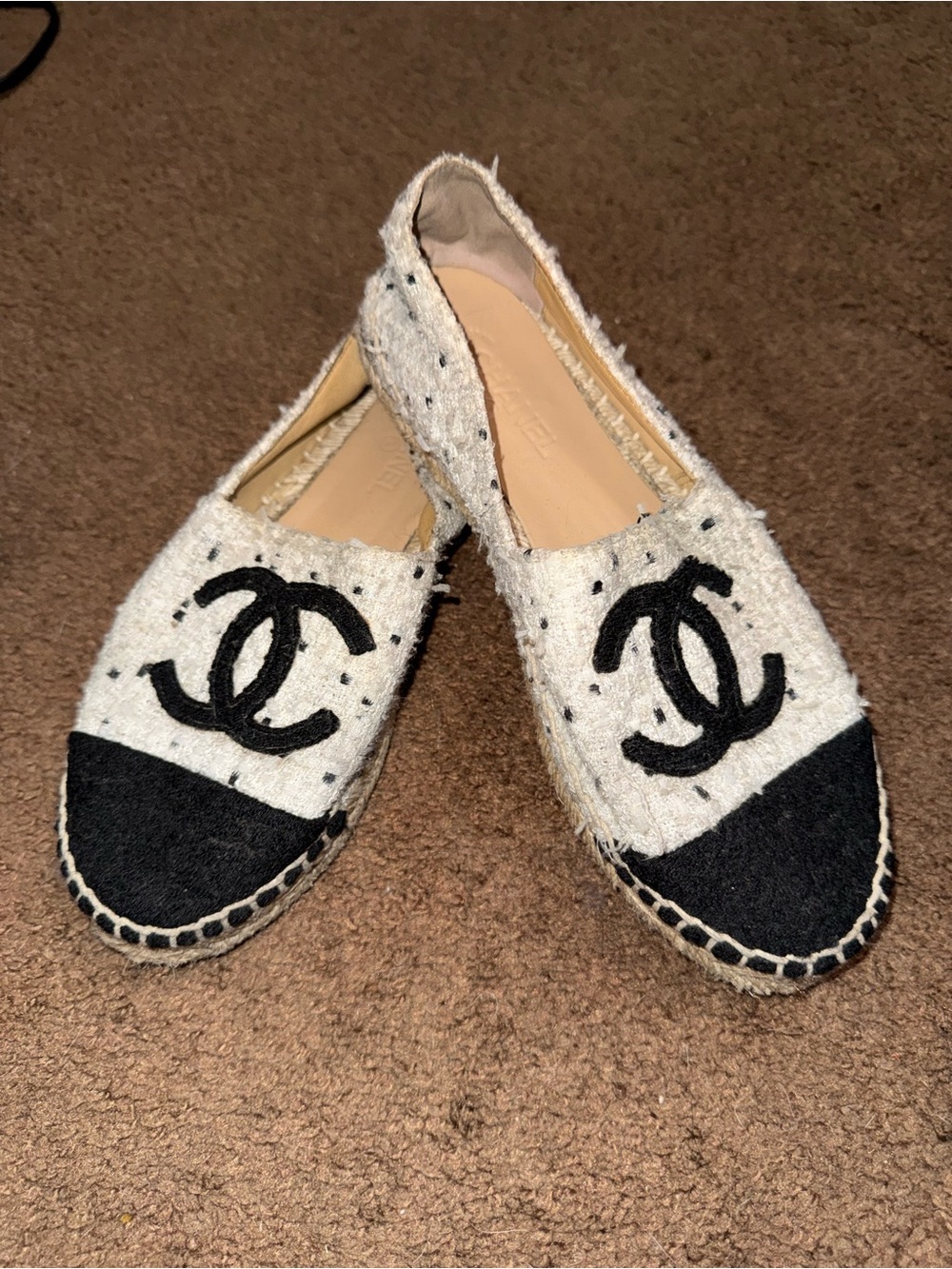 CHANEL Black & Cream Tweed Espadrille Flats with CC Logo